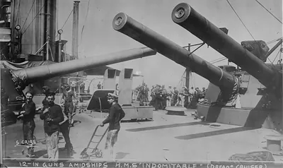 12-in. guns amid ships HMS INDOMITABLE (Dread Cruiser)