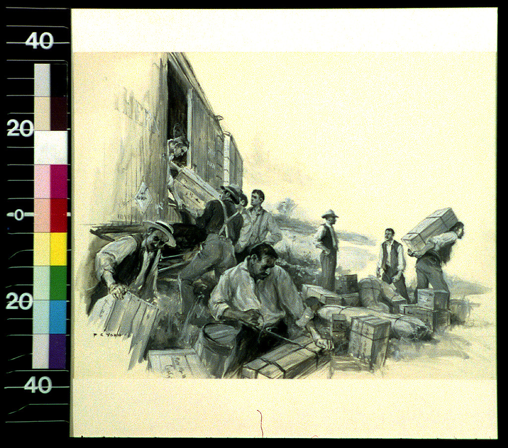Men unloading crates from a freight boxcar — historic image