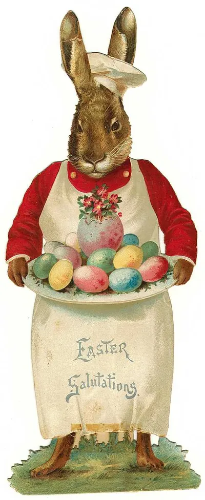 Anthropomorphic Easter rabbit holding plate of eggs, Easter Salutations