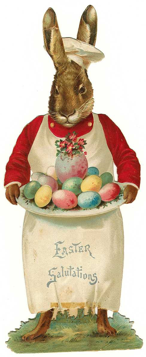 Anthropomorphic Easter rabbit holding plate of eggs, Easter Salutations — historic image
