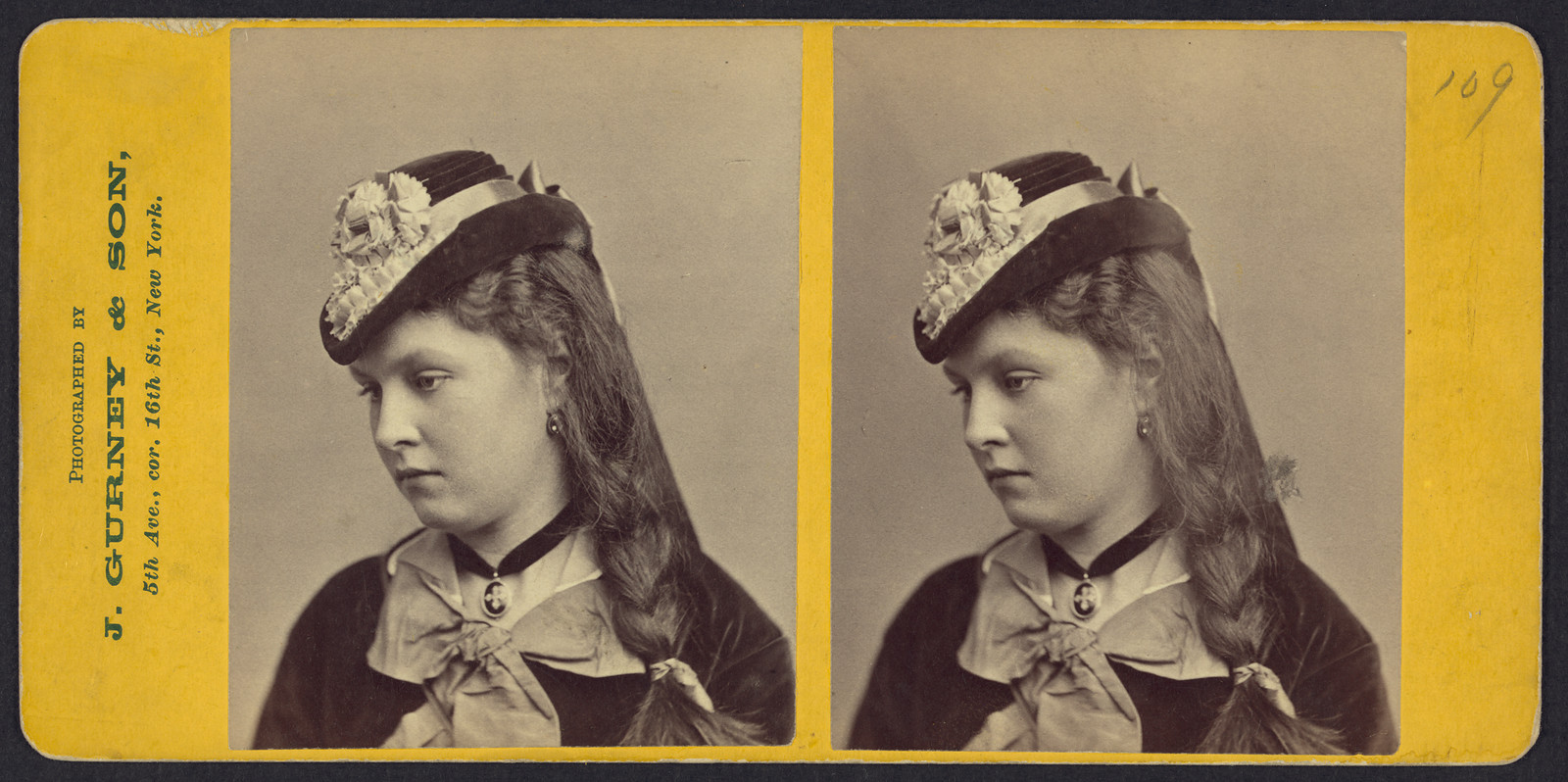 [Minnie Conway, head-and-shoulders portrait, wearing hat, facing left] / photographed by J. Gurney & Son, 5th Ave., cor. 16th St., New York., 1870s — historic photograph