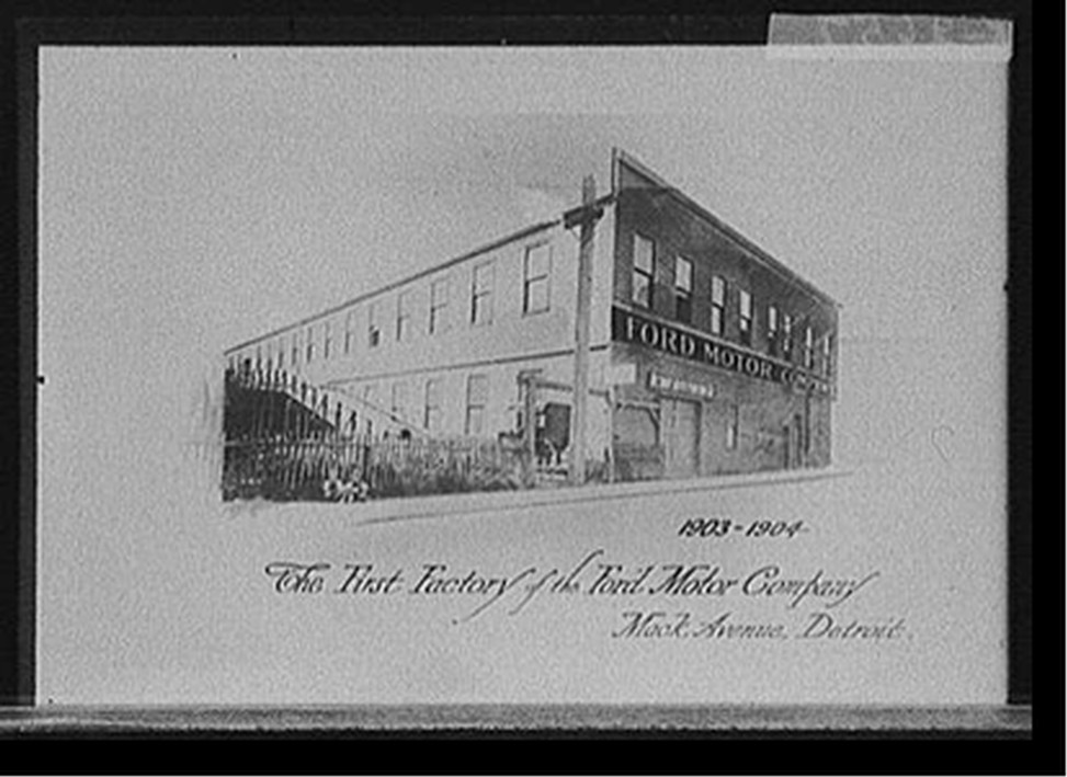 The First factory of the Ford Motor Company, Mack Avenue, Detroit, 1903-1904, [between 1915 and 1925] — historic photograph