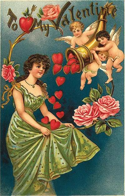 To My Valentine card with cherubs, hearts and roses