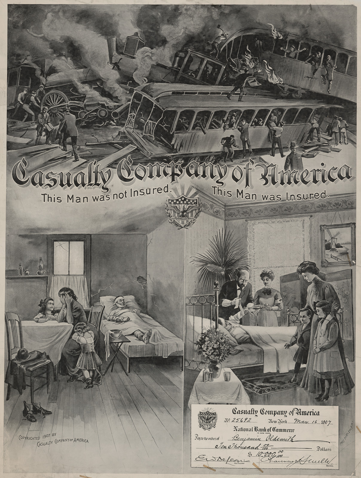 Casualty Company of America insurance advertisement with train wreck — historic image