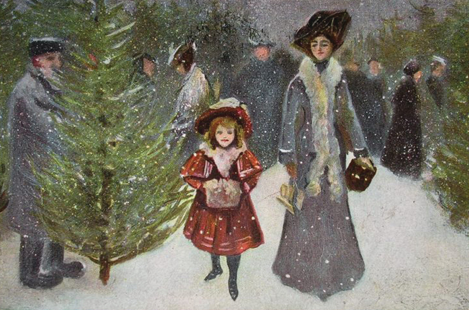 Painted winter scene of a girl and woman buying a Christmas tree — historic image