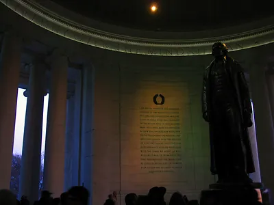 Thomas Jefferson statue and inscription inside Jefferson Memorial