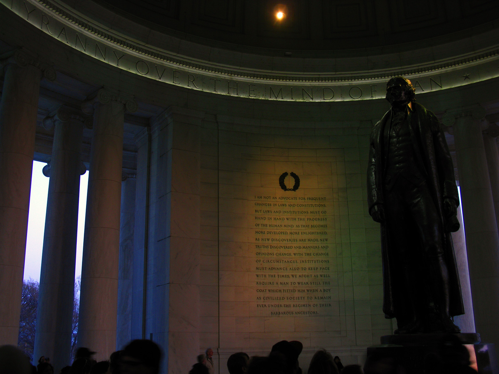 Thomas Jefferson statue and inscription inside Jefferson Memorial — historic image