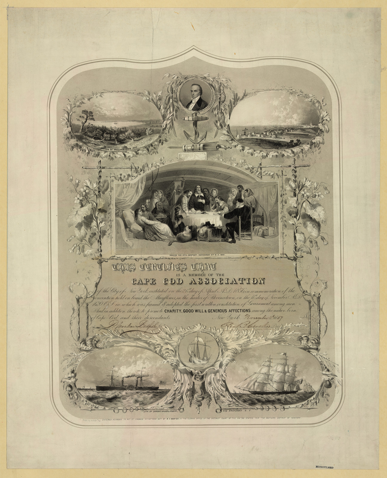 Cape Cod Association membership certificate with engravings — antique engraving