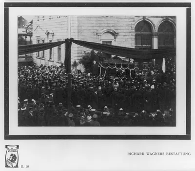 [Richard Wagner, 1813-1883; scene at funeral; crowd around hearse]