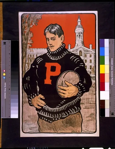 [Princeton student, with letter P on sweater, half-length, standing, facing left, holding football(?), with Princeton University behind him] / John E. Sheridan.