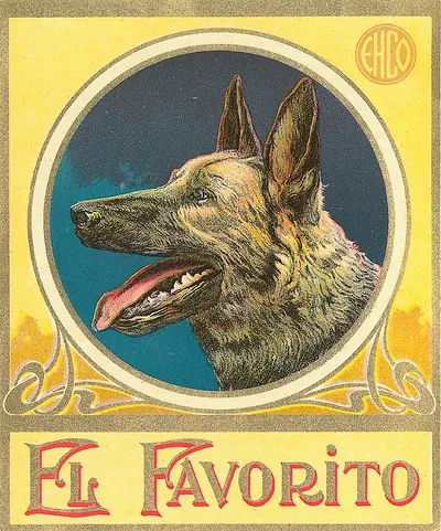 El Favorito cigar label with German Shepherd head