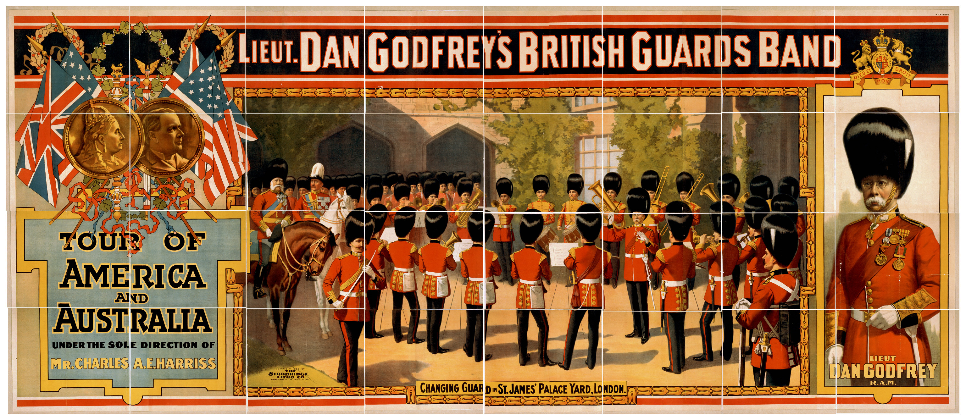 Lieut. Dan Godfreys British Guards Band tour of America and Australia under the sole direction of Mr. Charles A.E. Harriss., 1899 — vintage poster