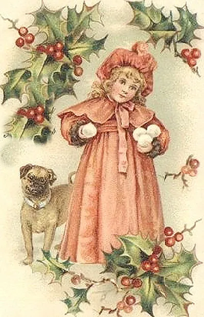 Victorian girl with pug and holly Christmas card