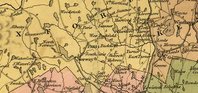 Hand-colored map of central Maine towns, roads and rivers