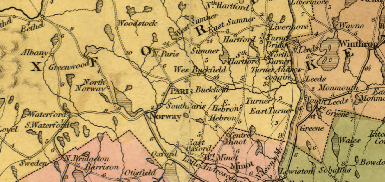 Hand-colored map of central Maine towns, roads and rivers — antique map