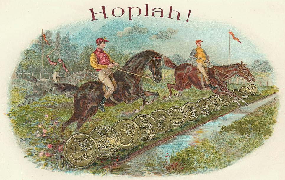 Hoplah! jockeys on horses leaping over gold coins — historic image