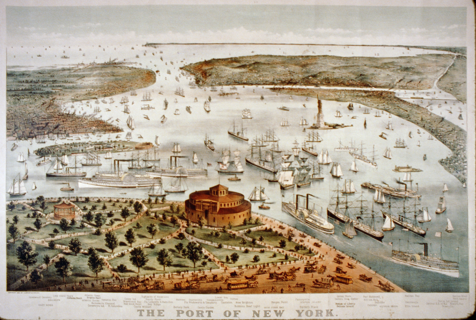 The Port of New York--Birds eye view from the Battery, looking south, New York : Published by Currier & Ives, c1892. — antique lithograph