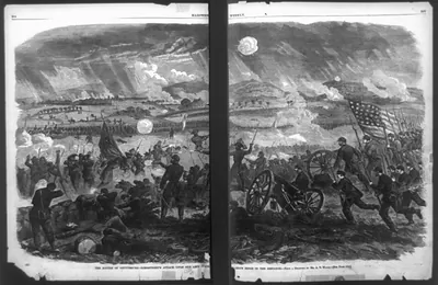 The battle of Gettysburg--Longstreet's attack upon our left centre--Blue Ridge in the distance / from a drawing by A.R. Waud.