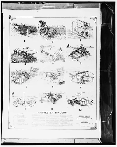 Harvester Binders: numbered engravings of grain binding machines