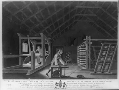 To the right hon'able the Earl of Hertford, ... this plate representing winding, warping with a new improved warping mill, and weaving; is ... inscribed by ... Wm. Hincks / Wm. Hincks, delin. et sculp.