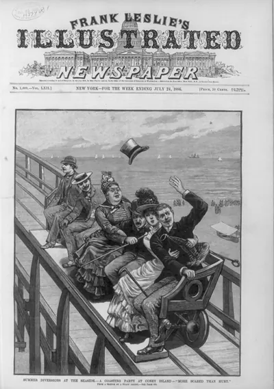 Summer diversions at the seaside - a coasting party at Coney Island - more scared than hurt" [Group of people on coasting bench]"