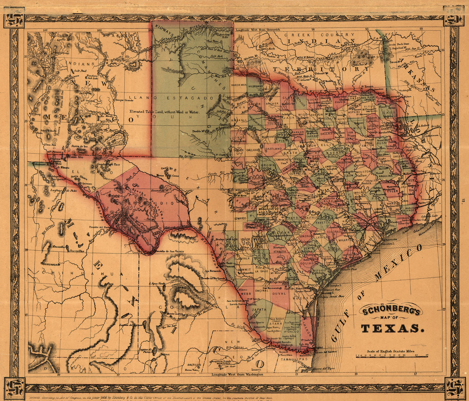 Schönbergs map of Texas 1866, Texas — antique map