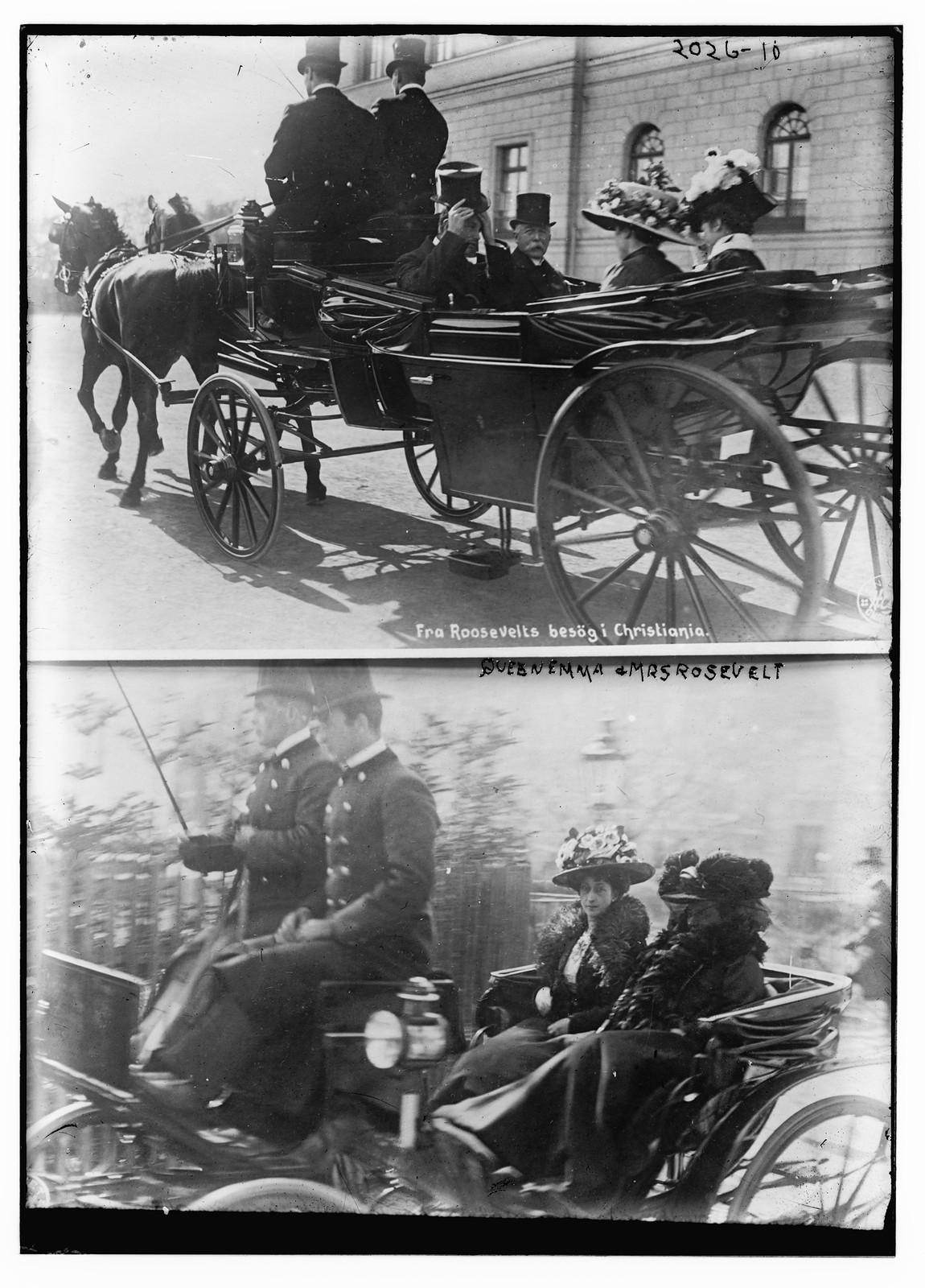 Queen Emma and Mrs. Roosevelt; Top frame: both in a carriage moving away from the photographer.; Bottom frame: carriage moving alongside photographer, n/a — historic photograph