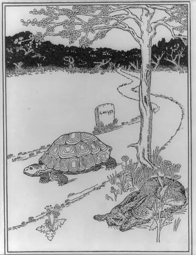 [The tortise passing the sleeping hare near the end of their race]