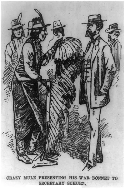 Crazy Mule presenting his war bonnet to Secretary [of the Interior Carl] Schurz