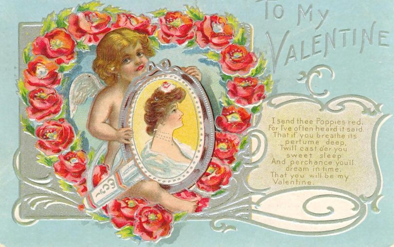 To My Valentine card with cupid and roses — historic image