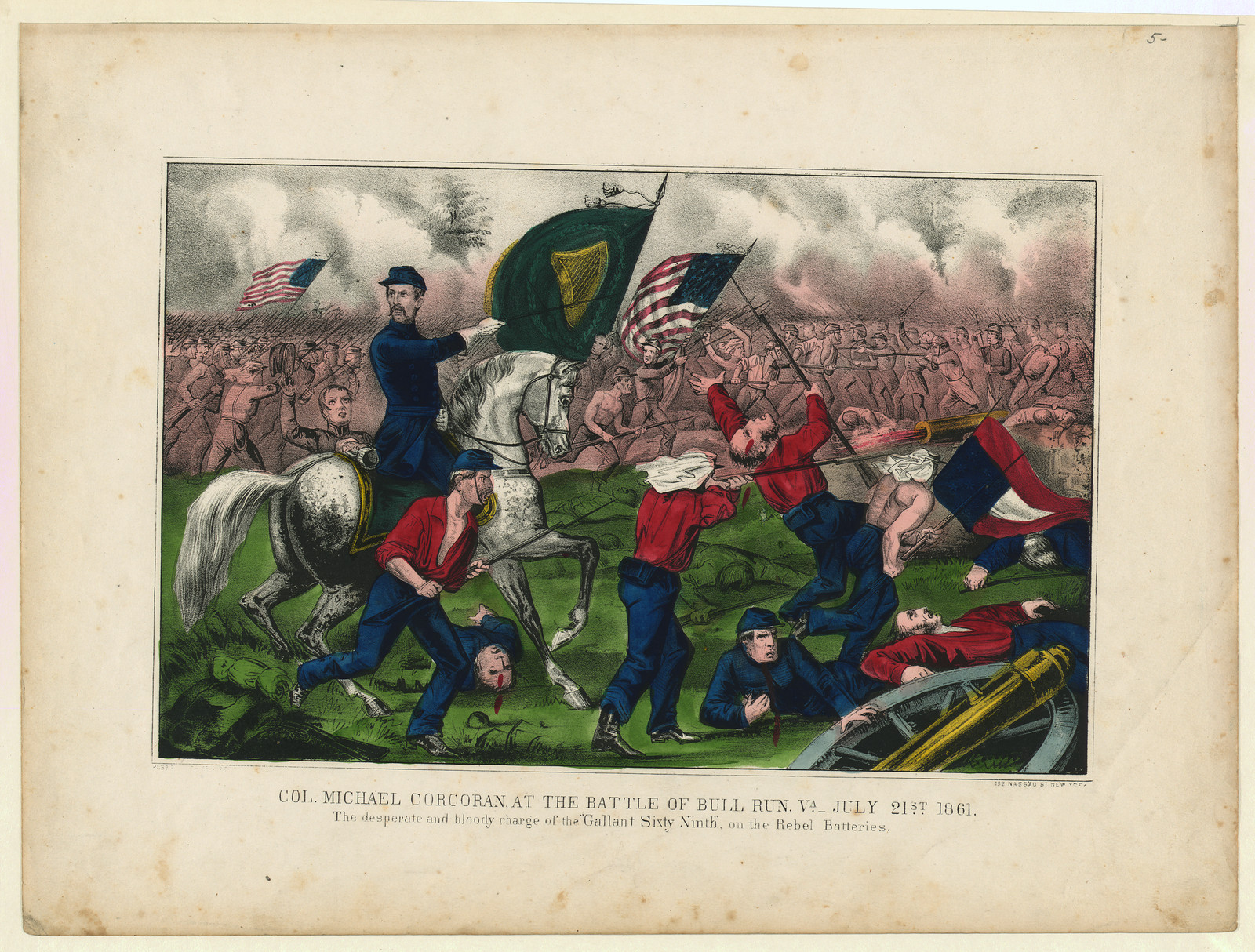 Col. Michael Corcoran, at the Battle of Bull Run, Va.-July 21st 1861: The desperate and bloody charge of the Gallant Sixty Ninth on the rebel batteries, [New York] : Currier & Ives, [1861?] — antique lithograph