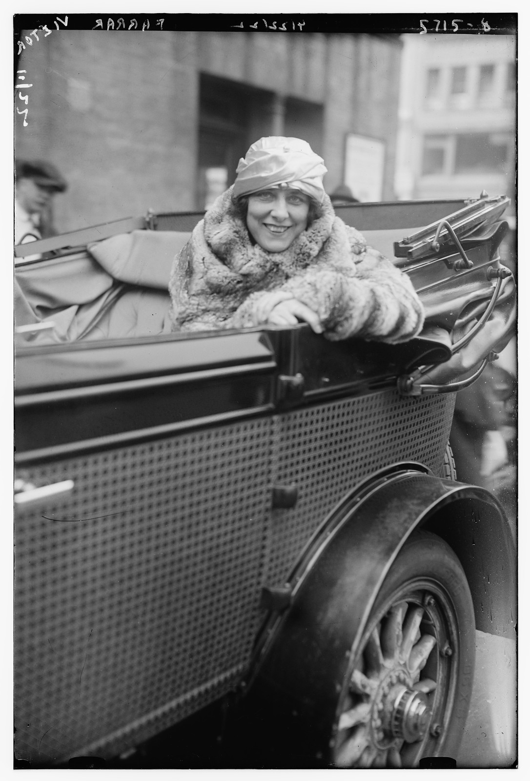 Farrar in full length fur coat, n/a — historic photograph