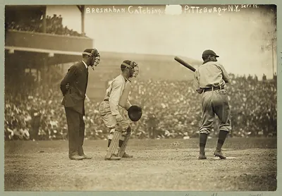 [Roger Bresnahan, catching for the New York Giants while a Pittsburgh Pirate player is at bat]