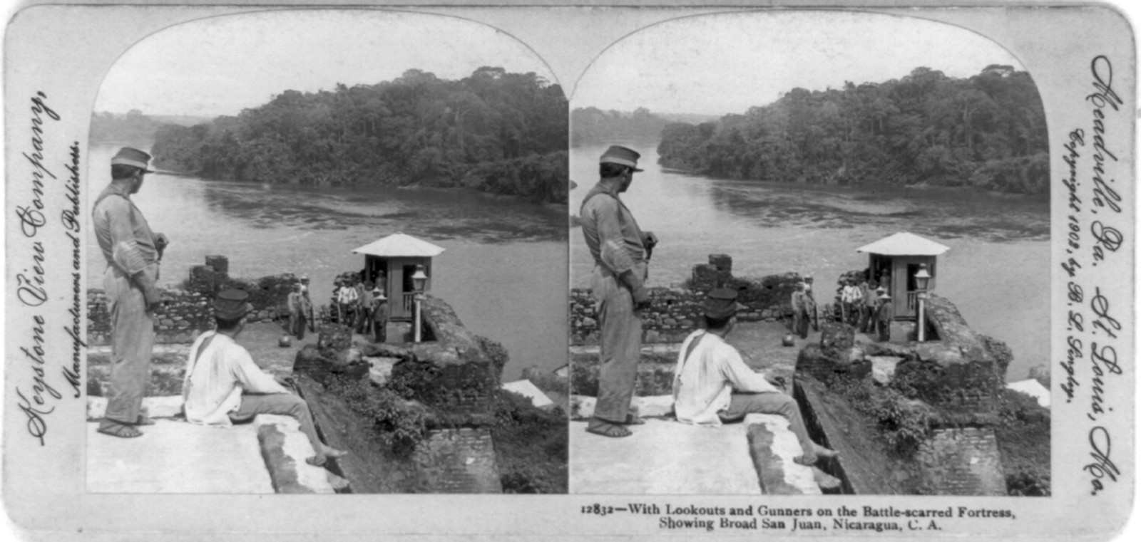 With lookouts and gunners on the battle-scarred fortress showing broad San Juan Nicaragua C. A., 1902 — stereograph