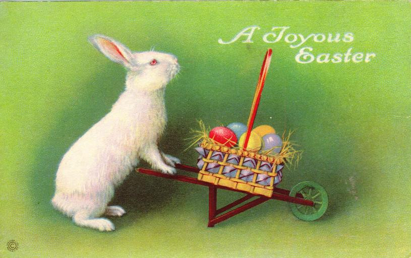 A Joyous Easter postcard with white rabbit and eggs — vintage postcard