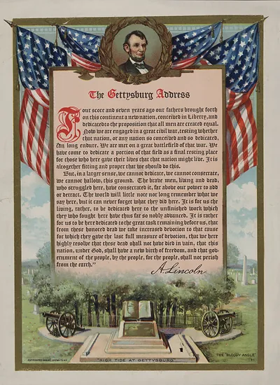 The Gettysburg Address with Lincoln portrait and flags