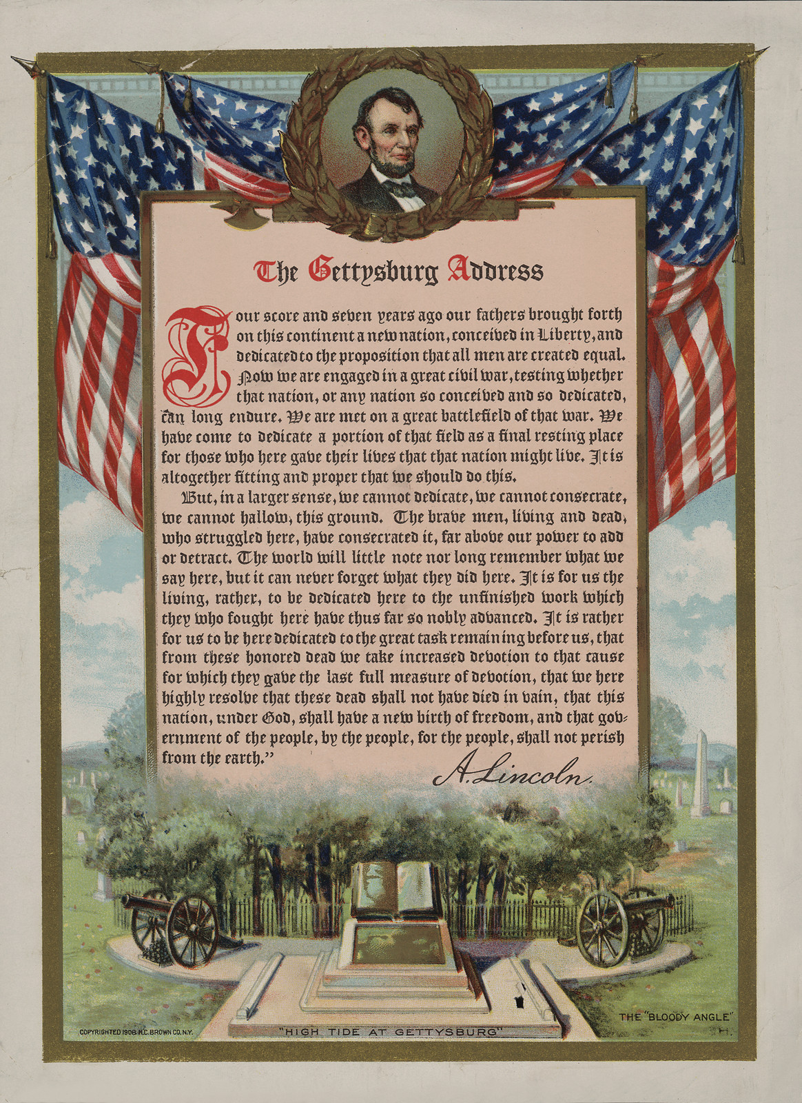 The Gettysburg Address with Lincoln portrait and flags — historic image