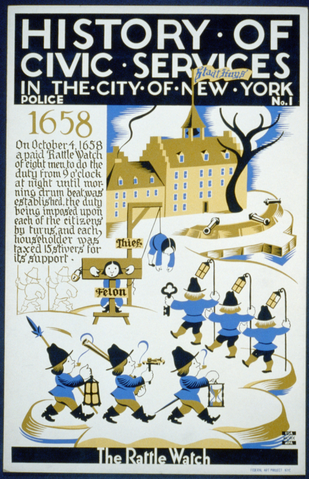 History of civic services in the city of New York Police No. 1 (S) The rattle watch., 1936 — vintage poster