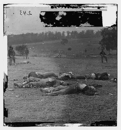 Gettysburg Pennsylvania. Federal dead on the right of the Federal lines killed on J