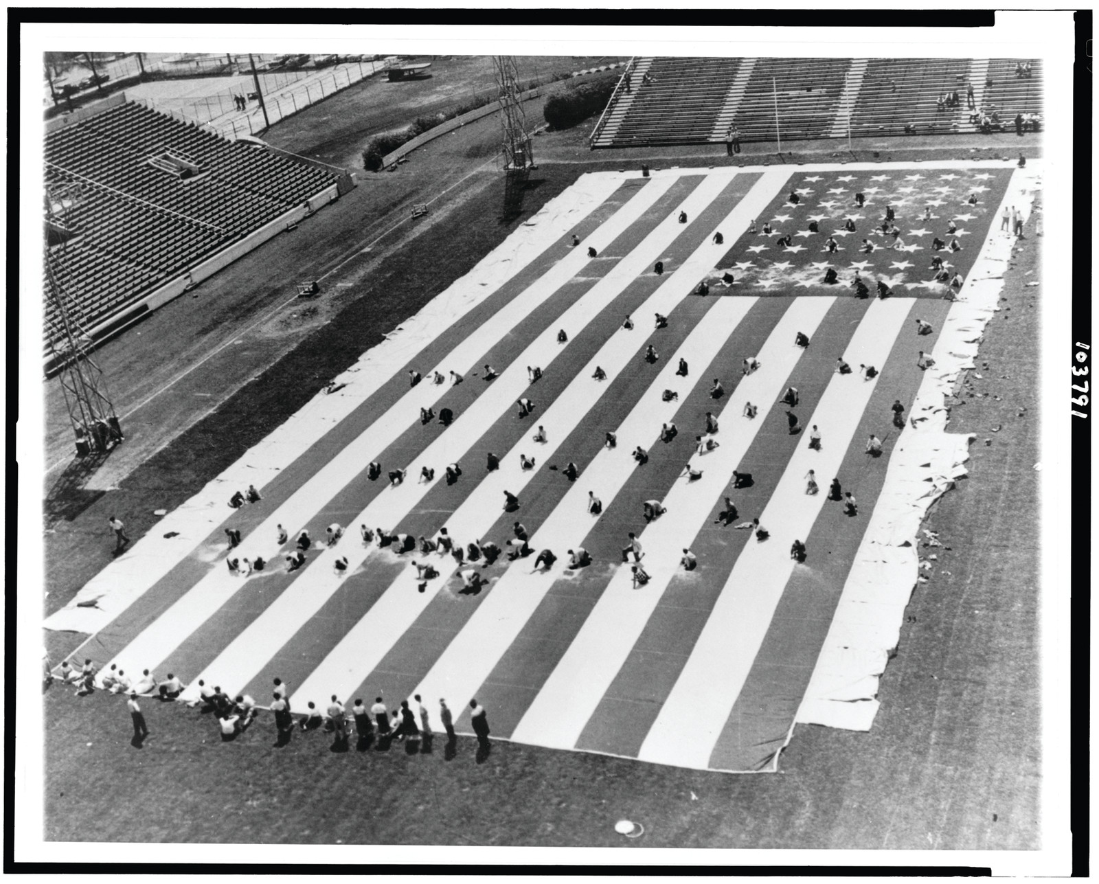 World's largest flag cleaned — historic photograph