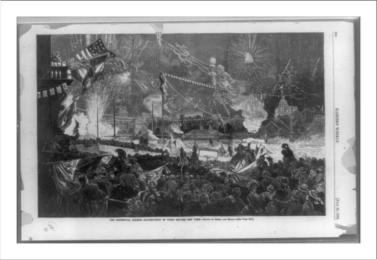The Centennial Fourth - illumination of Union Square, New York / drawn by Schell & Hogan., 1876 — antique engraving