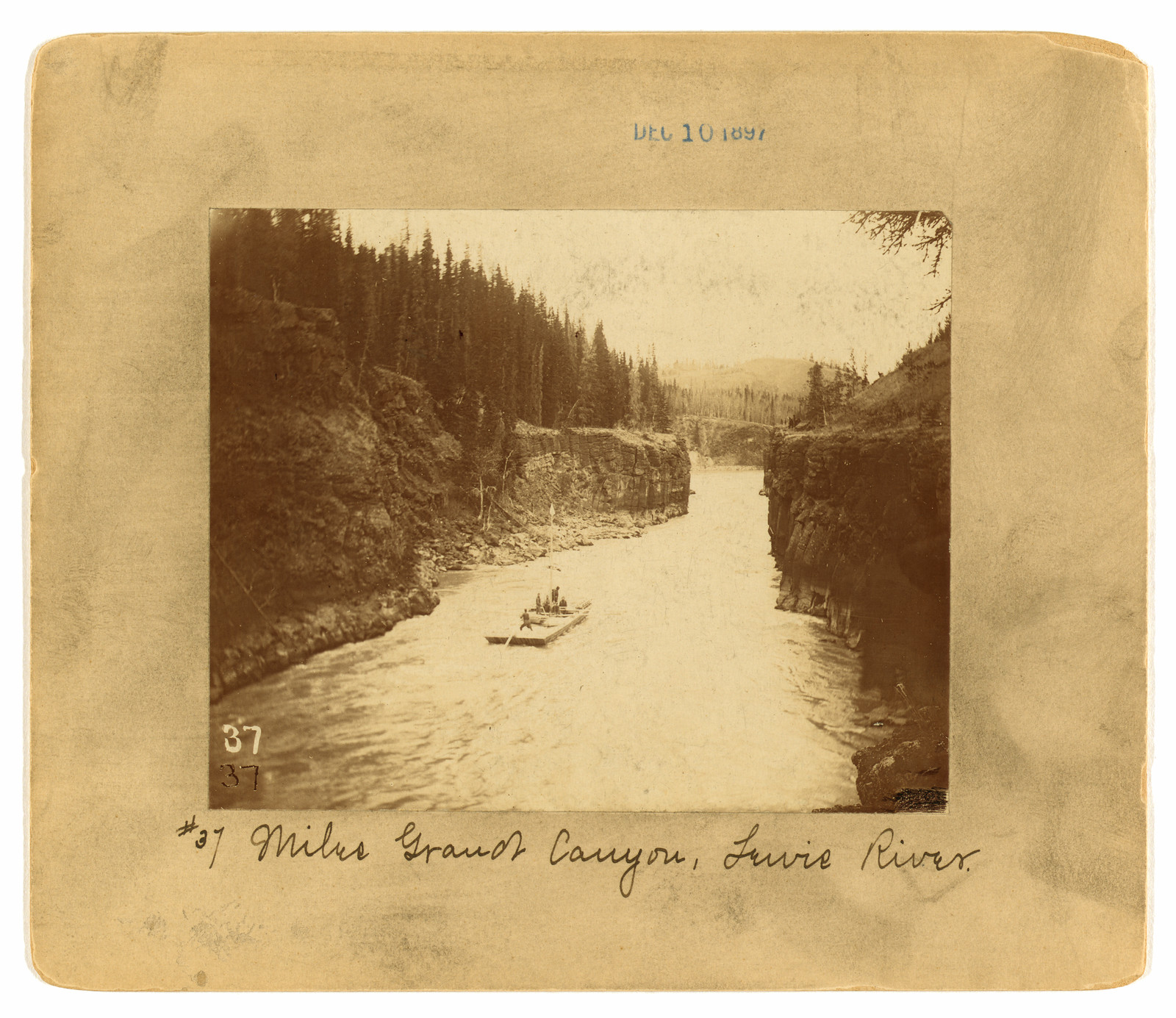 Boat on rapids in Miles Grand Canyon, Lewis River — historic image