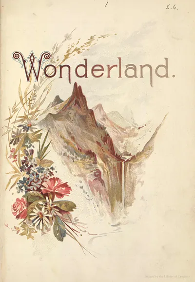 Wonderland cover with mountain peaks and floral border