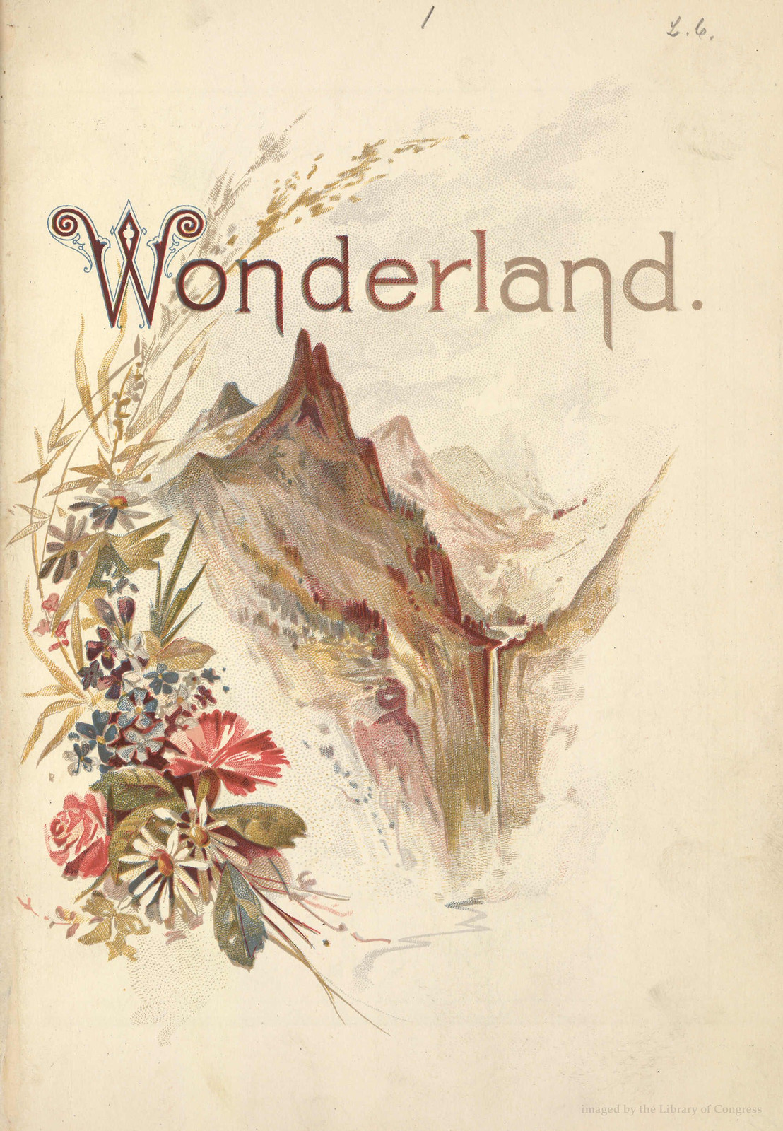 Wonderland cover with mountain peaks and floral border — historic image