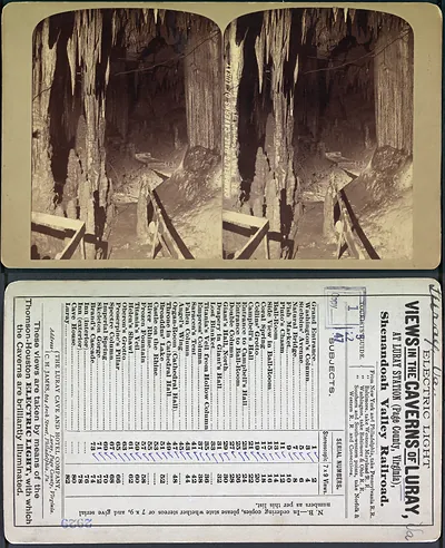 Stereograph card: Views in the Caverns of Luray, Shenandoah Valley Railroad