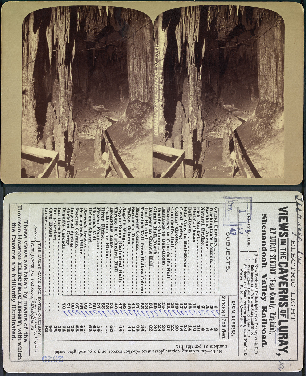 Stereograph card: Views in the Caverns of Luray, Shenandoah Valley Railroad — stereograph