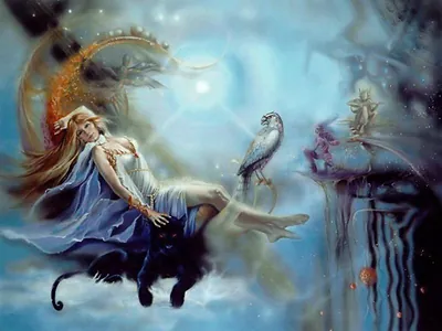 Fantasy painting of a woman with black cat, owl and fairies