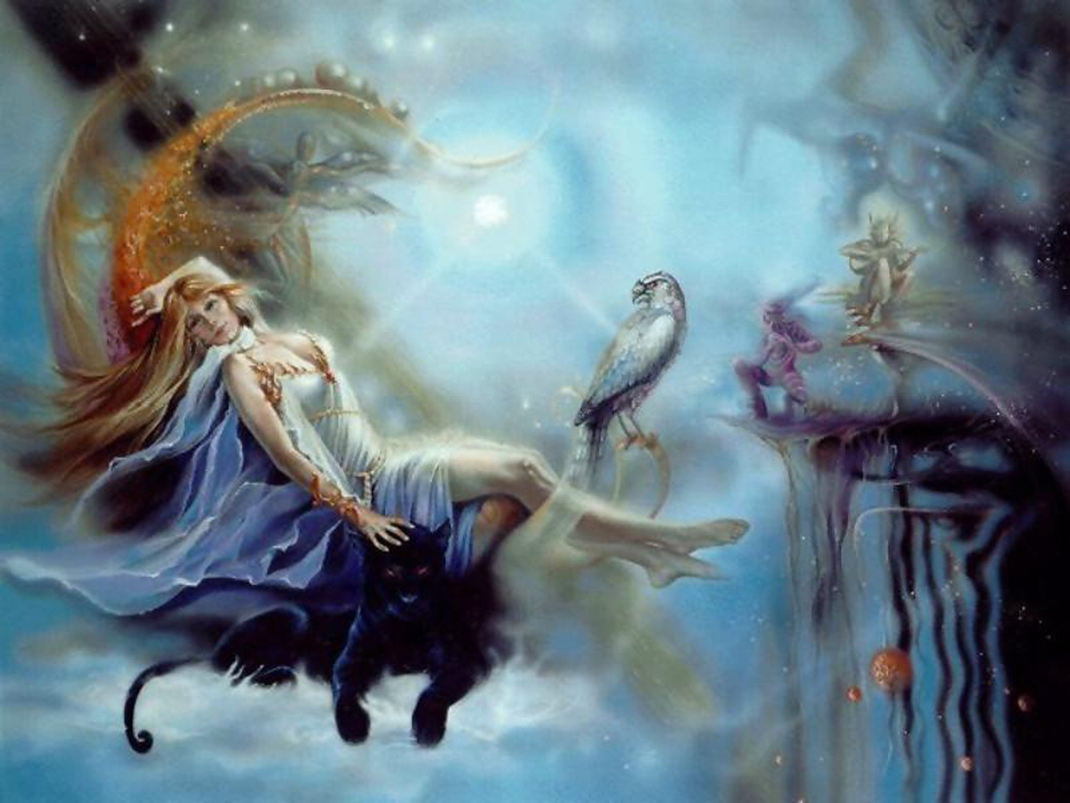 Fantasy painting of a woman with black cat, owl and fairies — historic image