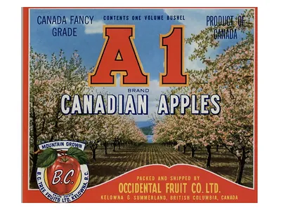 A1 Brand Canadian Apples crate label, Occidental Fruit Co.