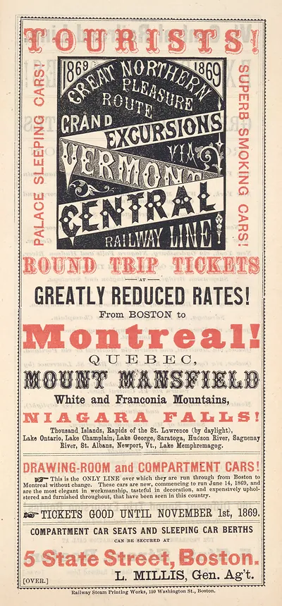 Tourists! Great Northern Pleasure Route handbill, Boston to Montreal